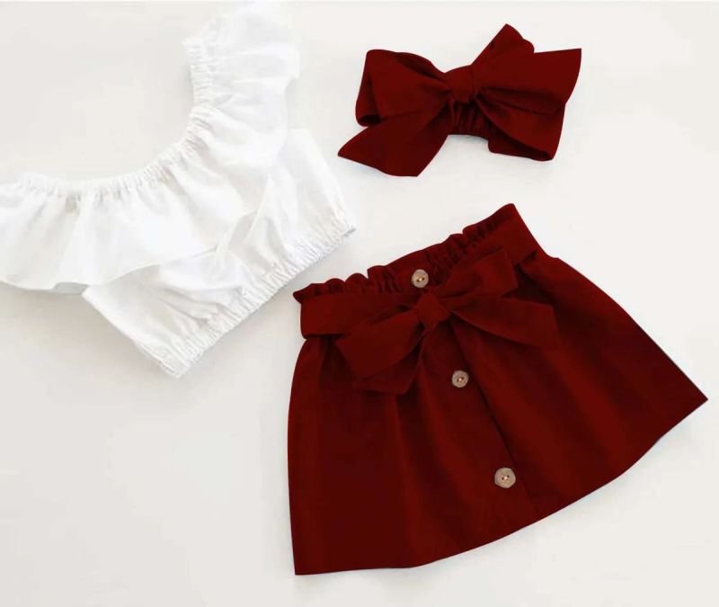 Girls Maroon Cotton Blend Solid Top &AMP; Skirt Set
