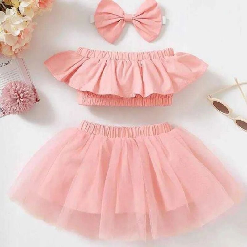 Girls Pink Cotton Blend Solid Top &AMP; Skirt Set