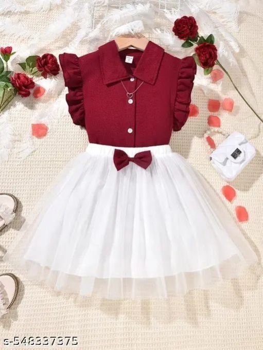 Girls Ruffle Short Sleeves Solid Top &AMP; Skirt Set