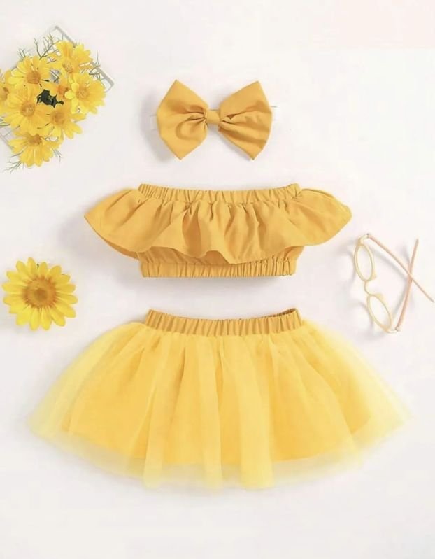 Girls Yellow Cotton Blend Solid Top &AMP; Skirt Set