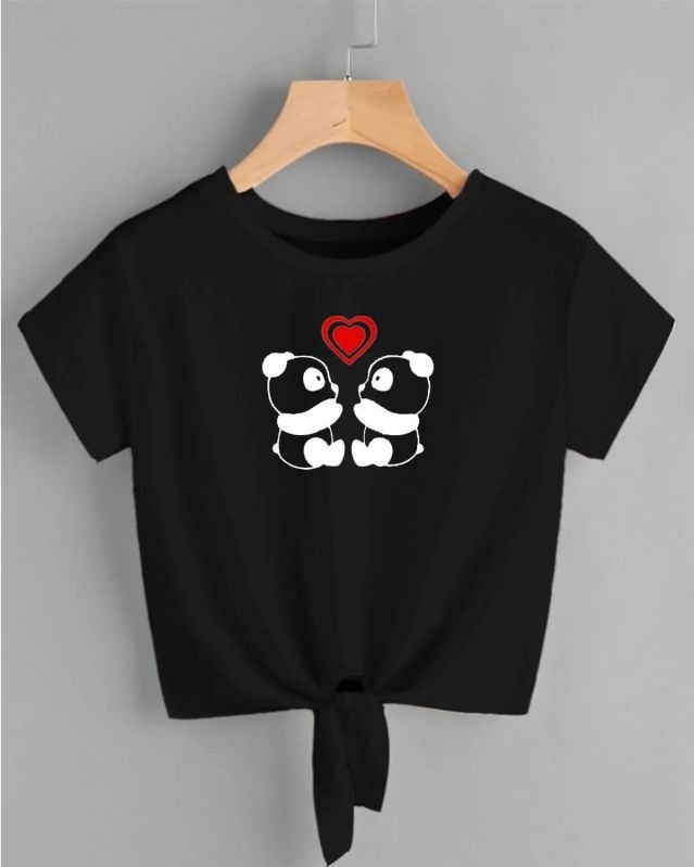 Women Black Cotton Blend Round Neck Printed Crop Top