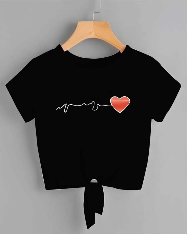 Women Black Cotton Round Neck Printed Crop Top