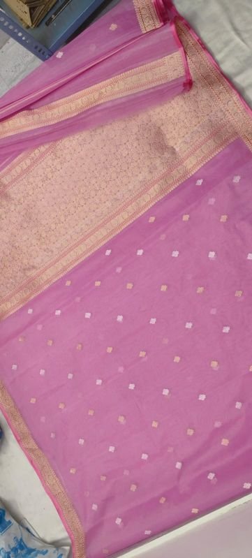 Pink Golden Zari Border Organza Silk Saree