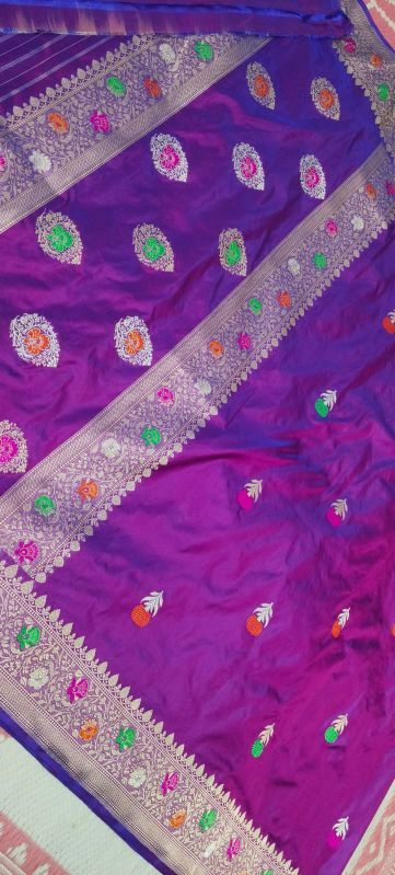 Purple Zari Border Silk Saree with Multicolor Floral Embroidery