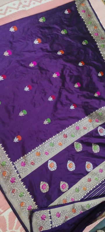 Royal Purple Zari Border Soft Silk Saree with Multicolor Floral Embroidery