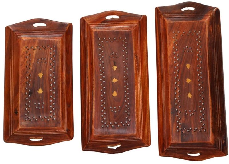 3 Piece Wooden Serving Tray Set