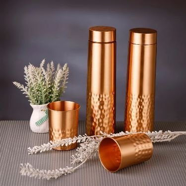 Antique Finish Pure Copper Bottle with 2 Copper Glass Set