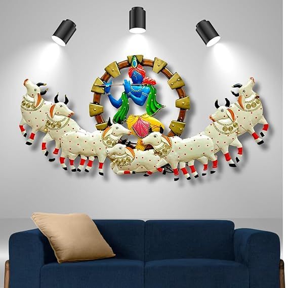 Handicraft Krishna With Cow Metal Wall Art Frame