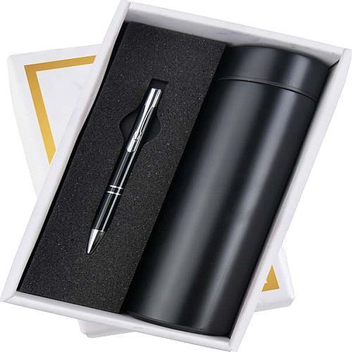 Black Metal Pen And Temperature Bottle Corporate Gift Set
