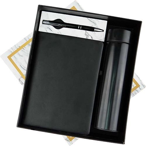Black Temperature Bottle Notebook And Metal Pen Corporate Gift Set