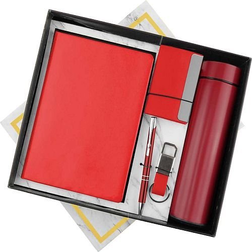 Metal 5 In 1 Red Notebook Pen Key Chain Card Holder And Bottle Corporate Gift Set