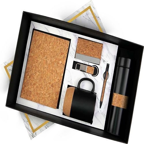 Metal 6 In 1 Black and Brown Notebook Pen Key Chain Card Holder Mug And Bottle Corporate Gift Set