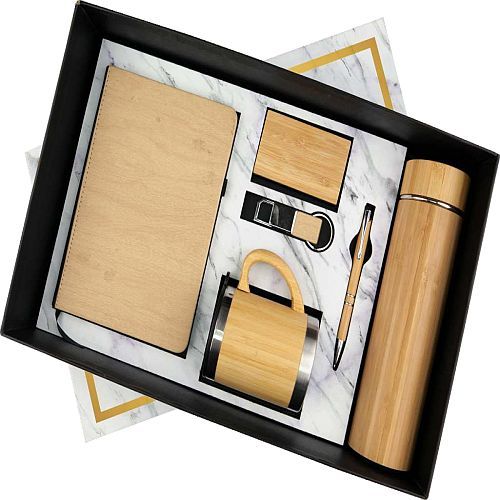 Metal 6 In 1 Brown Notebook Pen Key Chain Card Holder Mug And Bottle Corporate Gift Set