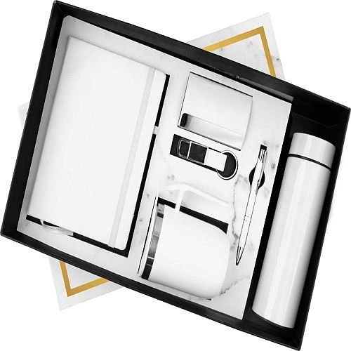 Metal 6 In 1 White Notebook Pen Key Chain Card Holder Mug And Bottle Corporate Gift Set