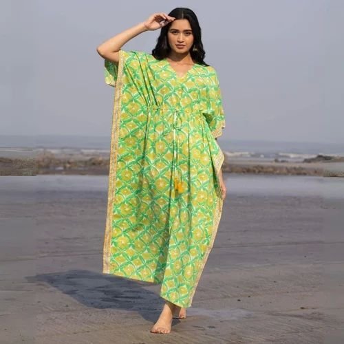 Ladies Green Cotton Printed Kaftan