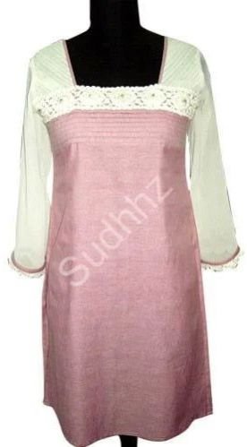 Ladies White and Pink Chanderi Silk Kurti