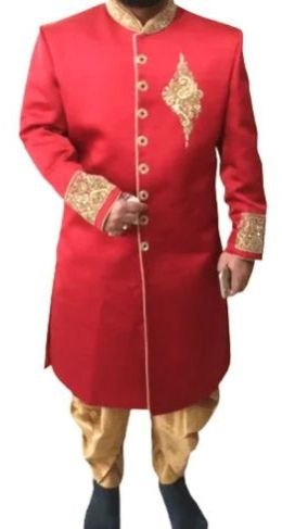 Mens Red Silk Wedding Sherwani