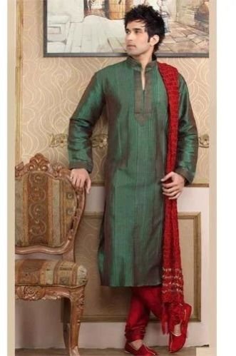 Party Wear Mens Green and Red Cotton Kurta Set