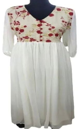 White Georgette Embroidered Yoke Dress Top
