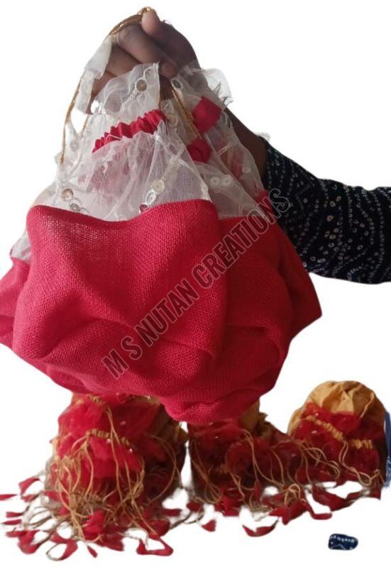 Plain Red And White Jute Net Potli