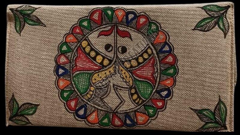 Ladies Beige Mithila Painting Hand Painted Silk Clutch Purse