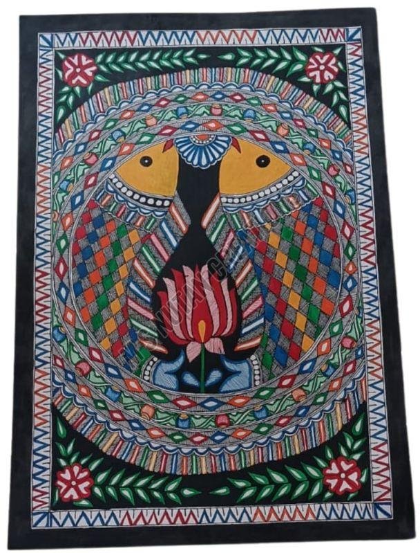 Multicolor Matte Framed Fish Madhubani Painting