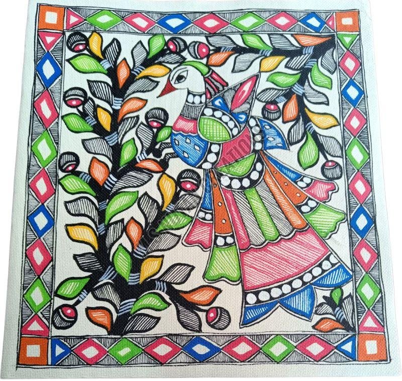 Canvas Peacock On Tree Madhubani Painting
