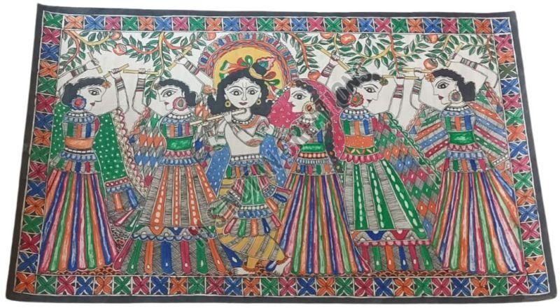 Traditional Krishna Rasleela with Gopi Madhubani Painting