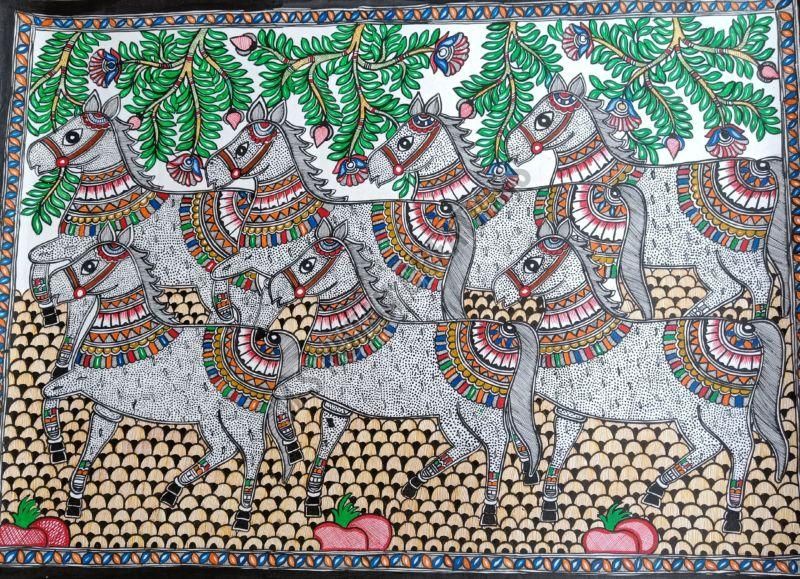 Seven Horses In Mithila Painting
