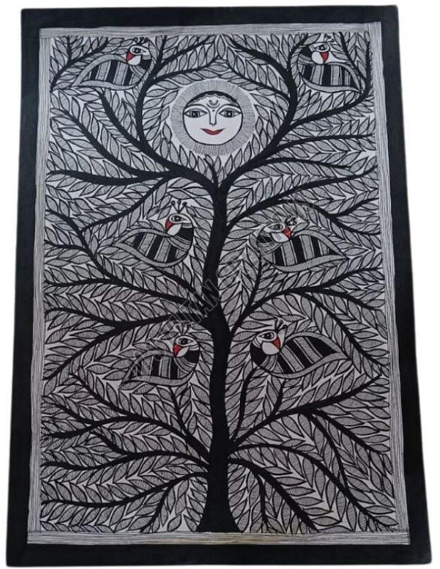 Black Tree OF Life Moon Bird Madhubani Painting