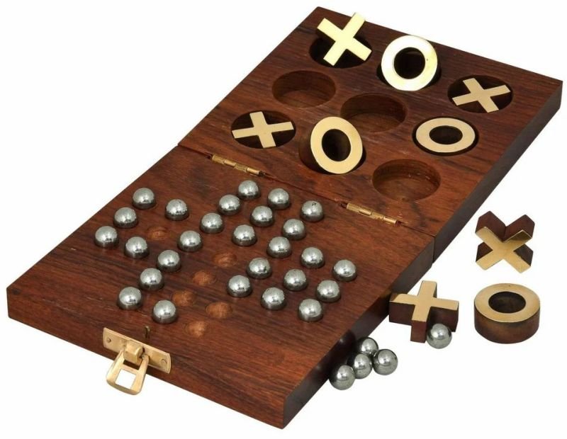 Wooden Tic Tac Toe and Solitaire Board Game