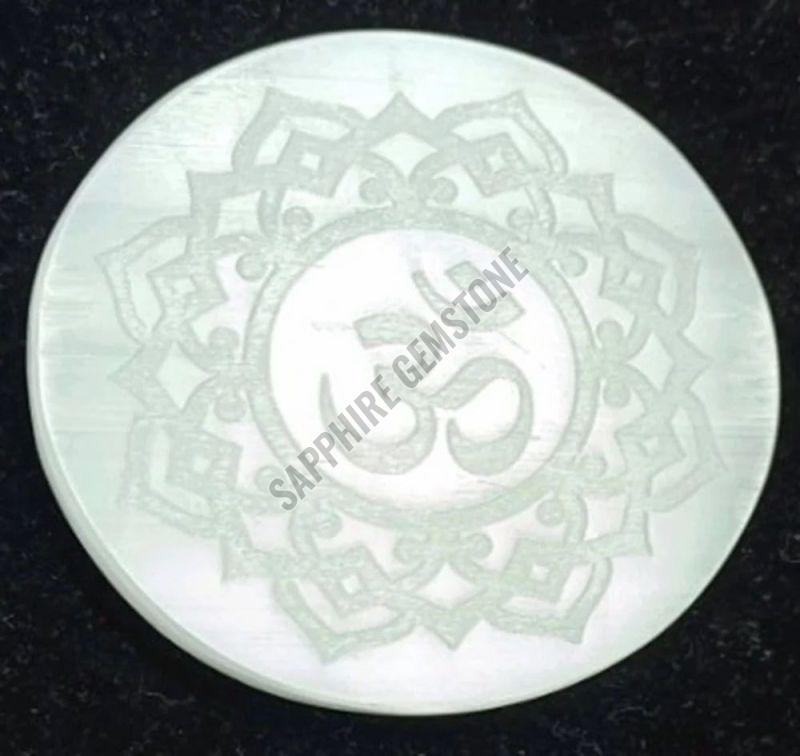 Healing Selenite Round Plate with Om Symbol