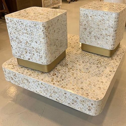 Square Bone Inlay Coffee Table Stool Set