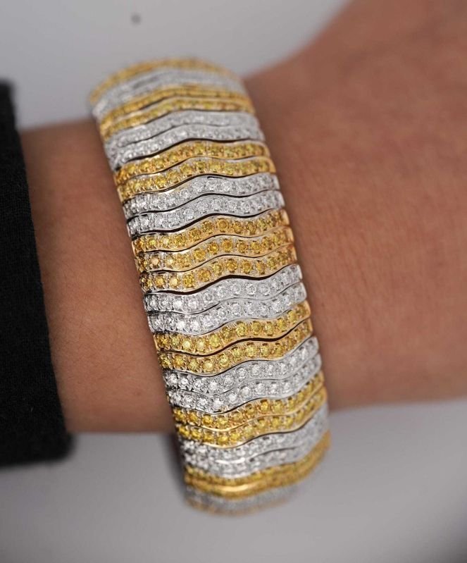 15 CT Two-Tone Lab Grown Diamond Cuff Bangle, 18K Yellow &AMP;AMP; White Gold