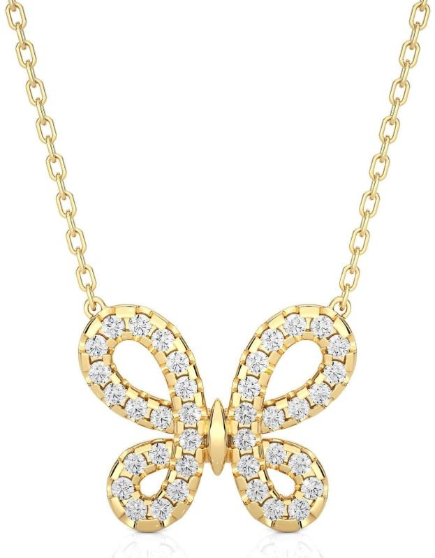 Round Cut Lab Grown Diamond Butterfly Pendant in 18K Solid Gold
