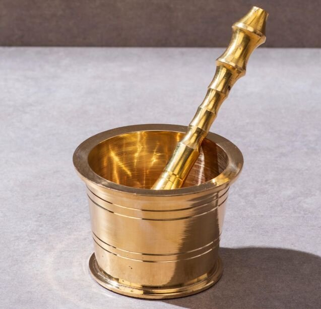 brass okhli mortar pestle set