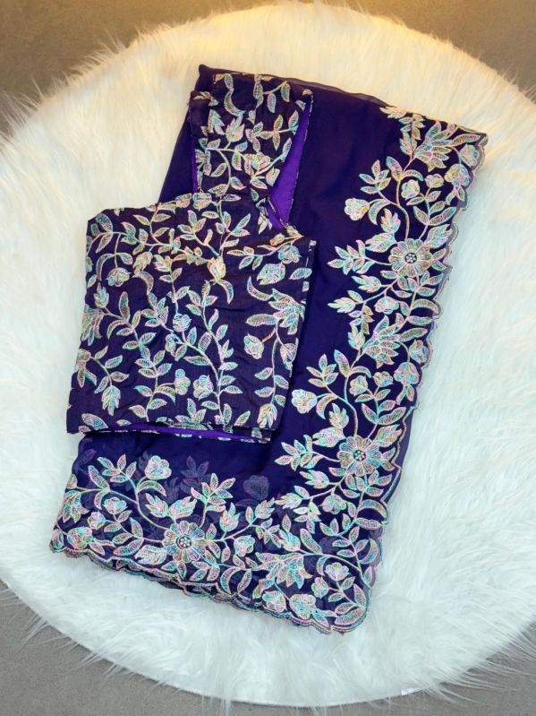 Blue Embroidered Sequence Work Silk Saree