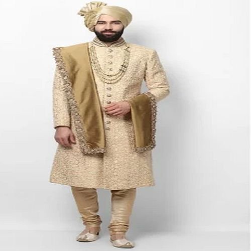 Mens Beige Silk Wedding Sherwani