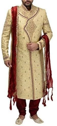 Mens Cream and Maroon Exclusive Wedding Sherwani