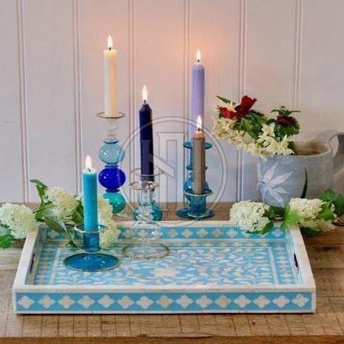 Aqua Floral Pattern Bone Inlay Serving Tray