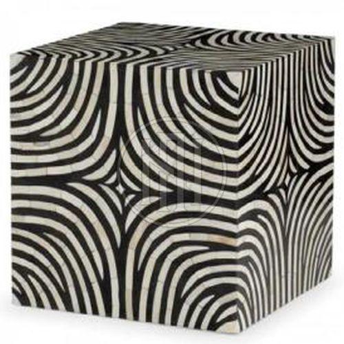 Black and White Abstract Swirl Pattern Bone Inlay Cube Side Table