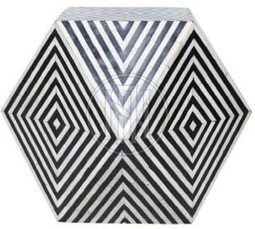 Black and White Hexagonal Geometric Bone Inlay Side Table
