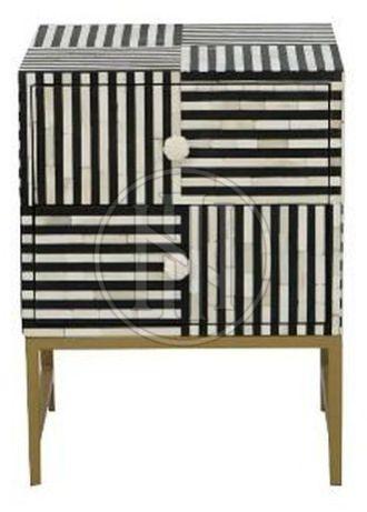 Black and White Striped Bone Inlay Nightstand Table with Gold Legs