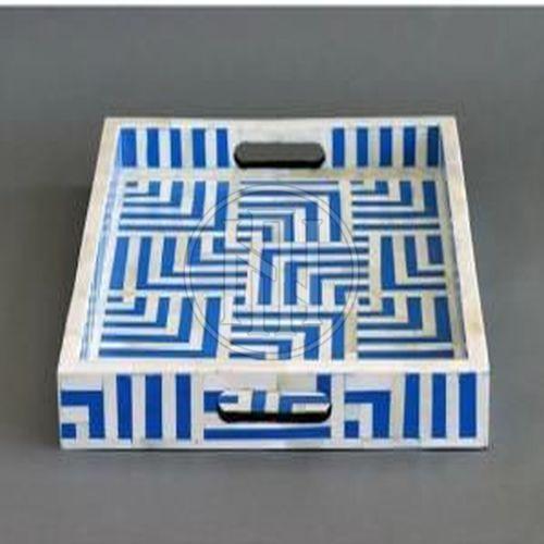 Blue and White Geometric Pattern Bone Inlay Tray with Handles