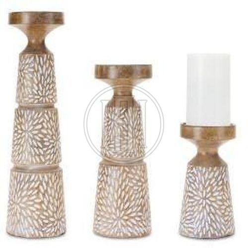 Carved Floral Design Wooden Candle Holders Set OF 3 Pcs