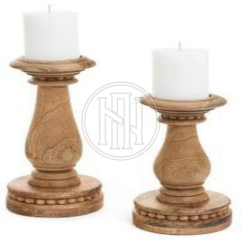 Carved Wood Candle Holders with Beaded Base Set OF 2 Pcs