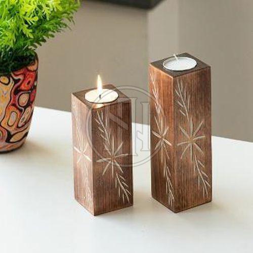 Carved Wood Taper Candle Holders with Starburst Design Set OF 2