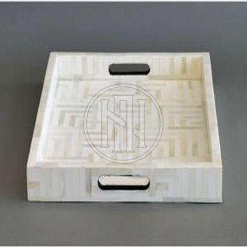 Ivory Bone Inlay Square Tray with Subtle Geometric Pattern