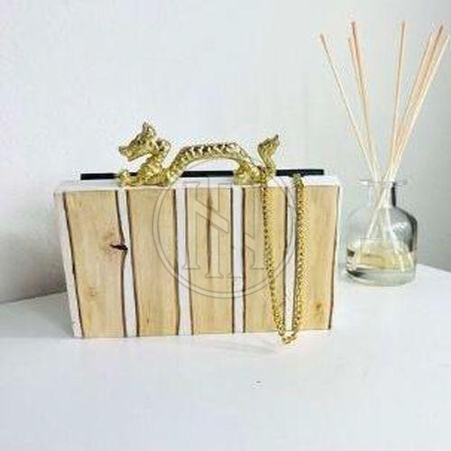 Light Wood and White Striped Resin Clutch with Dragon Handle and Chain Strap