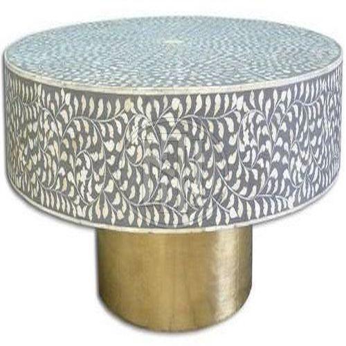 Round Coffee Table with Grey & White Leaf/vine Inlay and Gold Pedestal Base